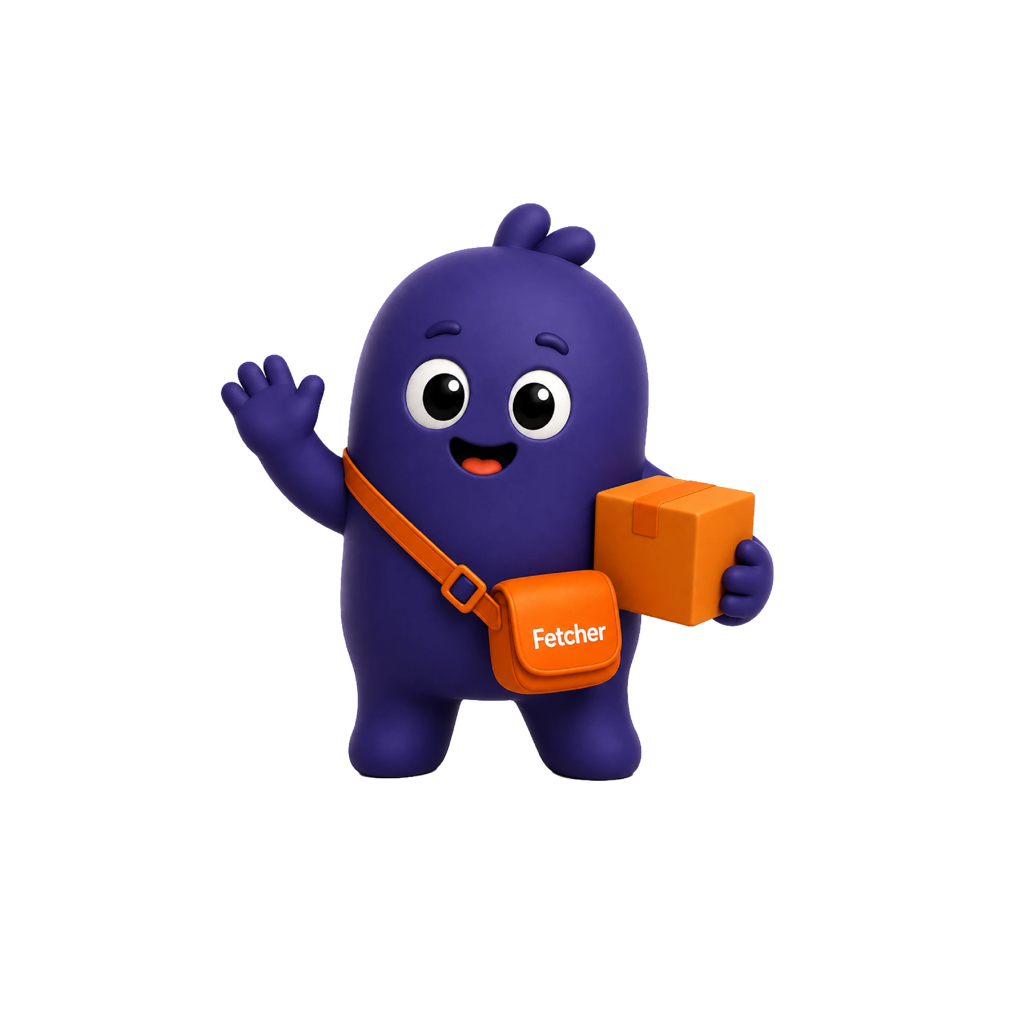 Fetcher purple delivery mascot waving and holding a parcel